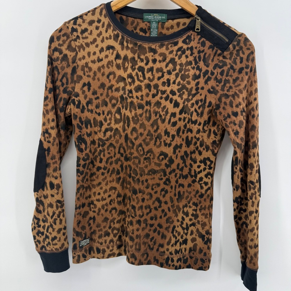Lauren Ralph Lauren Leopard Print Top Long Sleeve Faux Suede Elbow Patch PS